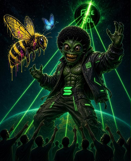 Surreal digital artwork depicting a green alien-like figure with an afro wearing a black leather jacket with glowing green accents, standing on a planet with green laser beams, accompanied by a melting yellow bee and a blue butterfly, with "FREE SOL" in the background.