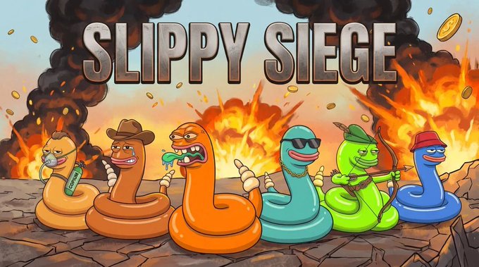 The image is a vibrant promotional banner titled "SLIPPY SIEGE" featuring six colorful cartoon snakes with distinct accessories and personalities standing against an explosive battlefield backdrop. The scene ties to the post's mention of "assembling a snake" and "twelve personalities for one character," showcasing the variety of customizable snake designs and characters available in what appears to be a Snake-based NFT or gaming project.