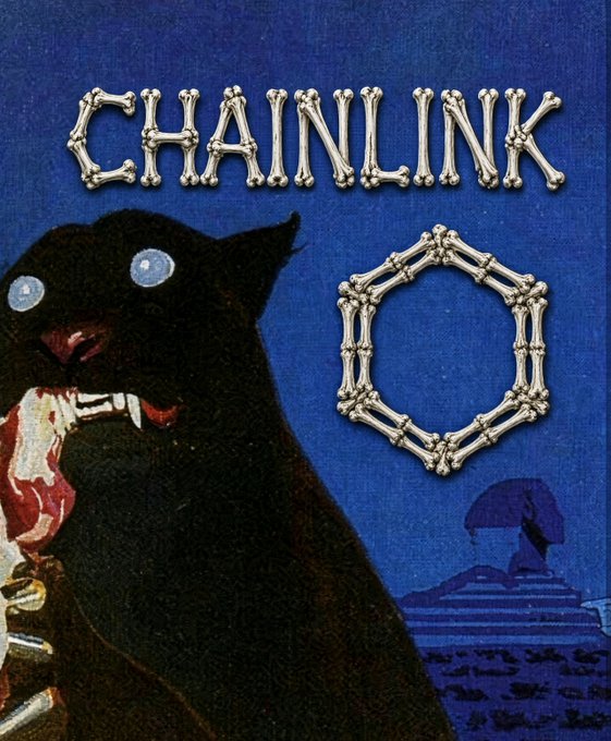 A stylized artwork depicting a black cat holding a bone against a blue background, with the word 'CHAINLINK' spelled out in bones above it.
