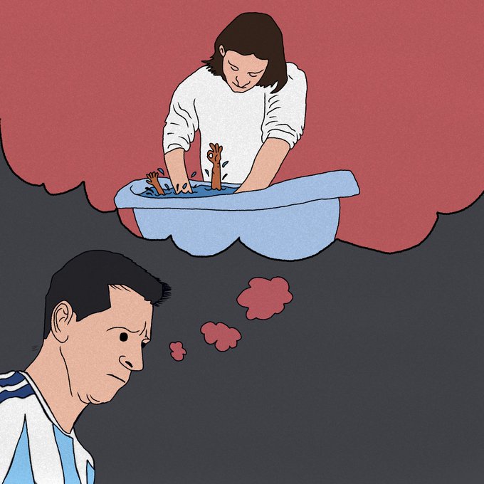 An illustration showing a sad man below, with a thought bubble above depicting a woman bathing a baby, suggesting he is thinking about family.