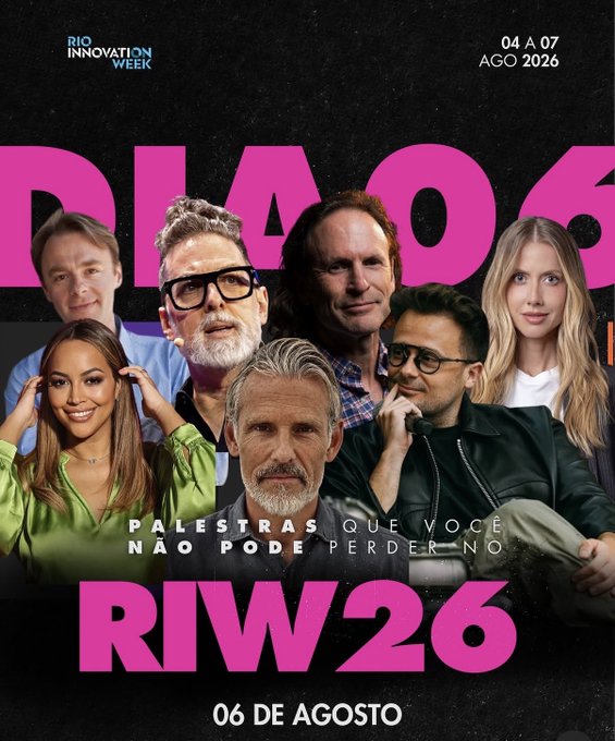Promotional graphic for Rio Innovation Week (RIW26) advertising Day 06 on August 6, 2026, featuring a collage of eight speaker portraits with the text "PALESTRAS QUE VOCÊ NÃO PODE PERDER NO RIW26." The image aligns with the post's message about building trust in AI through decentralization, showcasing speakers who will be addressing these topics at the event.