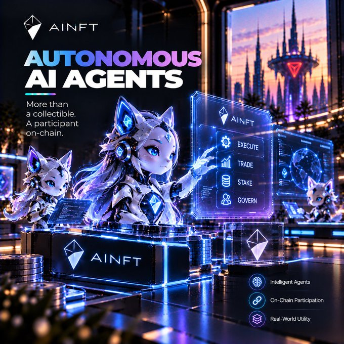 A promotional graphic for 'AINFT Autonomous AI Agents' featuring futuristic cat-like characters interacting with holographic interfaces displaying Execute, Trade, Stake, and Govern options.