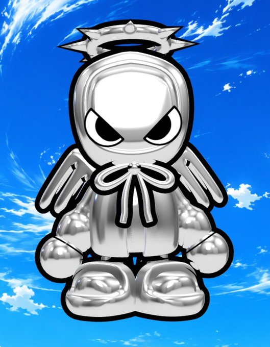 A metallic silver chibi-style figurine with an angry expression, a spiked halo, and wings, set against a blue sky background.