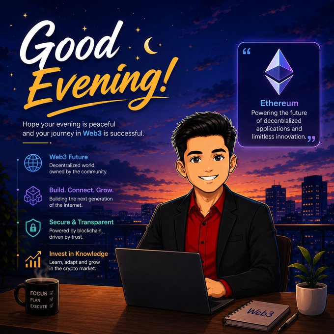 A promotional graphic featuring a young man at a laptop with the large text 'Good Evening!' and information about Ethereum, including 'Web3 Future,' 'Build. Connect. Grow.', 'Secure & Transparent,' and 'Invest in Knowledge.'