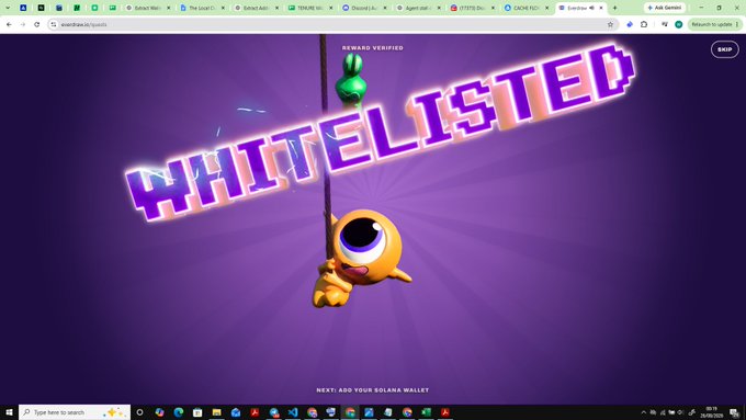 A screenshot of a webpage displaying the text 'WHITELISTED' in large pixelated letters with a yellow character hanging from a fishing line, with text indicating 'NEXT: ADD YOUR SOLANA WALLET'.