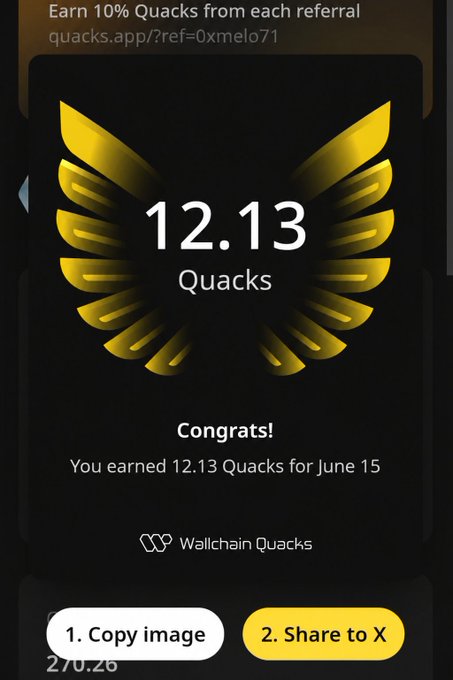 The image shows a screenshot of an app page for Quacks, where the top part displays a scorecard with an achievement of earning 12.13 Quacks, while the lower section provides options to " copy image", " share to X", or " 2". The scene seems to show some sort of competition or reward system related to Quacks, as it highlights both the points earned and how they can be utilized in the app.