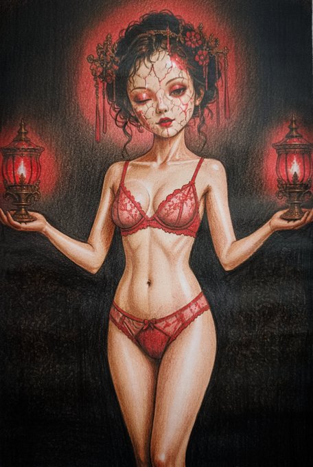 A dark, gothic-style illustration of a woman in red lingerie holding two glowing red lanterns, with cracks on her face and an ornate headdress.