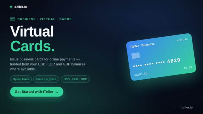 iTeller.io advertisement for Virtual Business Cards supporting USD, EUR, and GBP balances with features like spend limits and freeze anytime.