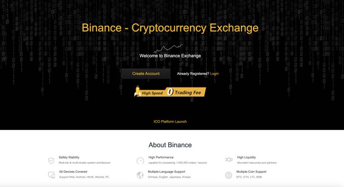 The image displays the Binance cryptocurrency exchange homepage, featuring "Binance - Cryptocurrency Exchange" as the title and options to "Create Account" or "Login." It highlights "High Speed" and "0 Trading Fee" along with features like "High Performance" and "Multiple-Coin Support" for BTC, ETH, LTC, and BNB.