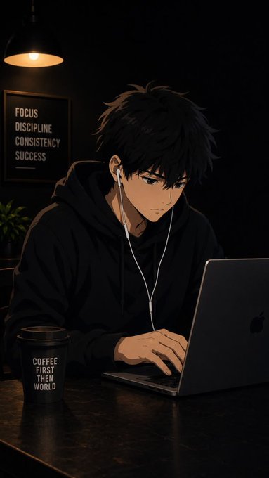 An anime-style illustration depicts a young man in a black hoodie using a MacBook in a dimly lit room, with a framed 'FOCUS DISCIPLINE CONSISTENCY SUCCESS' sign on the wall and a coffee mug reading 'COFFEE FIRST THEN WORLD' on the desk.