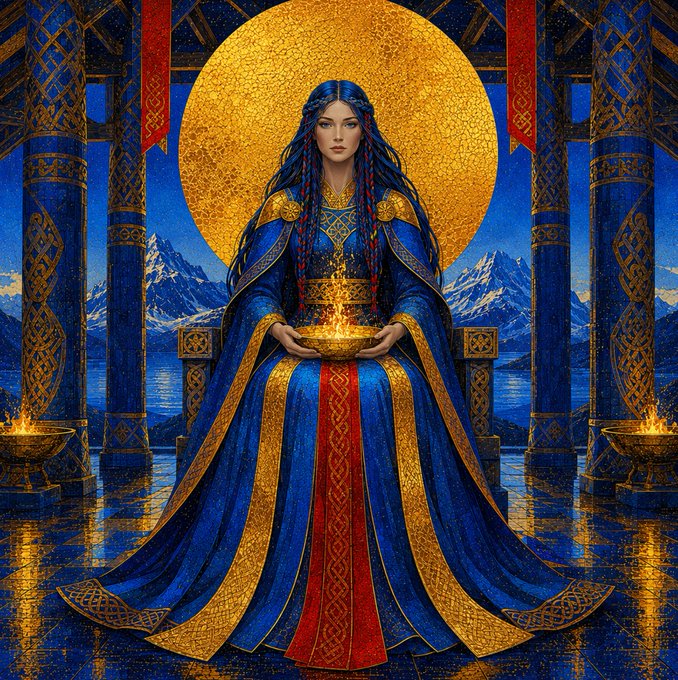 A regal, symmetrical illustration of a woman in blue and gold robes seated on a throne with a golden halo behind her, holding a glowing bowl.
