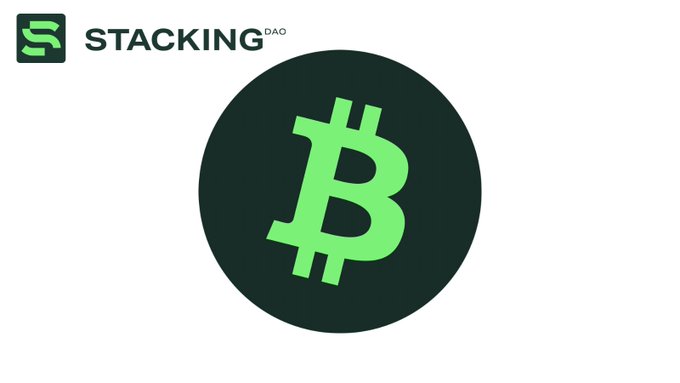 Logo image for 'STACKING DAO' featuring a dark green circular icon with a stylized green Bitcoin 'B' symbol.