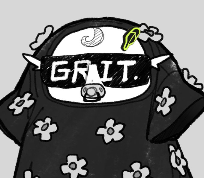 A black and white sketch of a figure in a dark floral hoodie wearing pixelated sunglasses displaying 'GRIT.'