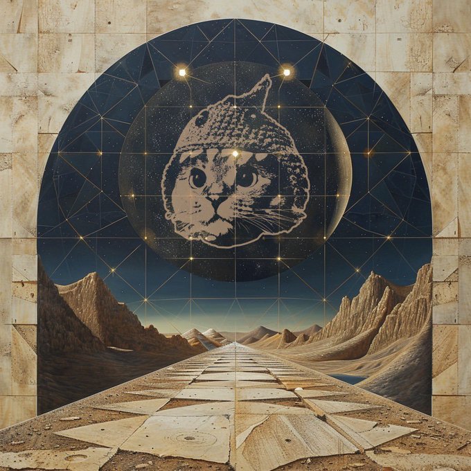 A stylized illustration shows a cat wearing a knit cap, depicted within a circular cosmic design above a surreal desert landscape with geometric tile flooring.