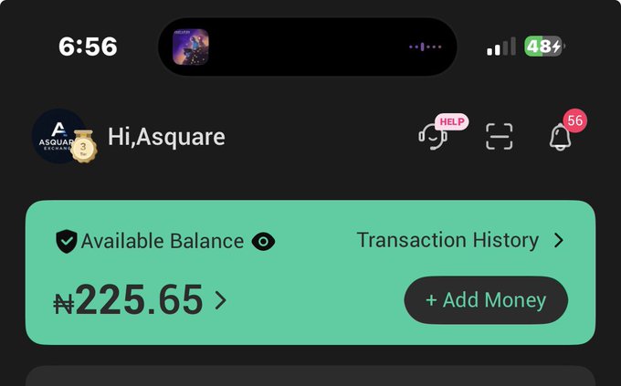 A screenshot of the Asquare app showing a Hi greeting, an available balance of ₦225.65, an Add Money button, and 56 notifications.