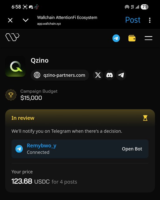 The image shows a cellphone screen displaying an application named QZINO Partners, which has been updated for 4 posts with its price of $12,888 USDC per post. Several messages have been added related to this application, including one asking "We will notify you when there's a decision!", and another saying "Reamybwo y connected". The image also seems to be related to social media advertising since it features an open bot that has posted the app's details on Twitter for the public.