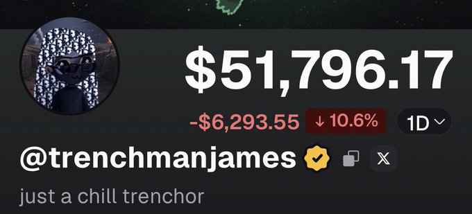 Crypto wallet profile for @trenchmanjames showing a balance of $51,796.17 with a 10.6% daily decline, bio 'just a chill trenchor'.