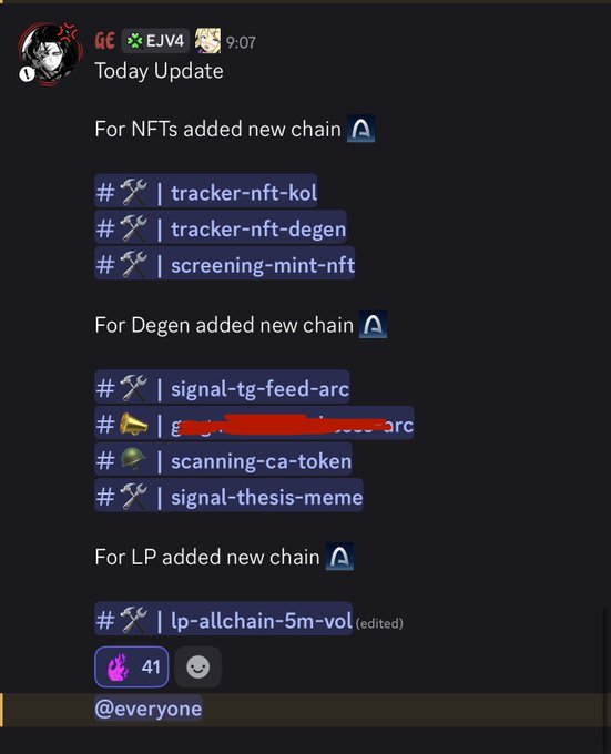 A Discord message from user "EJV4" at 9:07 announces today's updates, showing new channels added for NFTs (tracker-nft-kol, tracker-nft-degen, screening-mint-nft), Degen (signal-tg-feed-arc, scanning-ca-token, signal-thesis-meme), and LP (lp-allchain-5m-vol) tracking, with an Arc chain icon featured prominently—aligning with the post's mention of locking in on Arc Chain for trenches and NFTs. The message has 41 reactions and tags @everyone.
