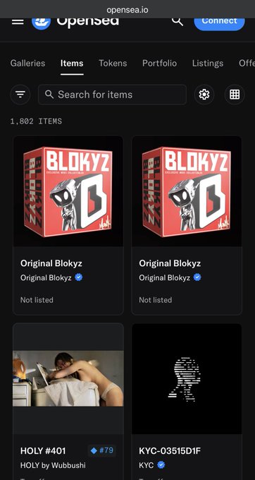 A screenshot of the OpenSea NFT marketplace showing various items, including 'Original Blokyz' collections and 'HOLY #401 by Wabbushi' priced at #79.