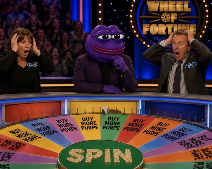 A scene from the game show 'Wheel of Fortune' where contestants Laura and Dan react with shock as the wheel displays only 'BUY MORE PURPLE' wedges, while host Pat Sajak sits between them in a purple suit.