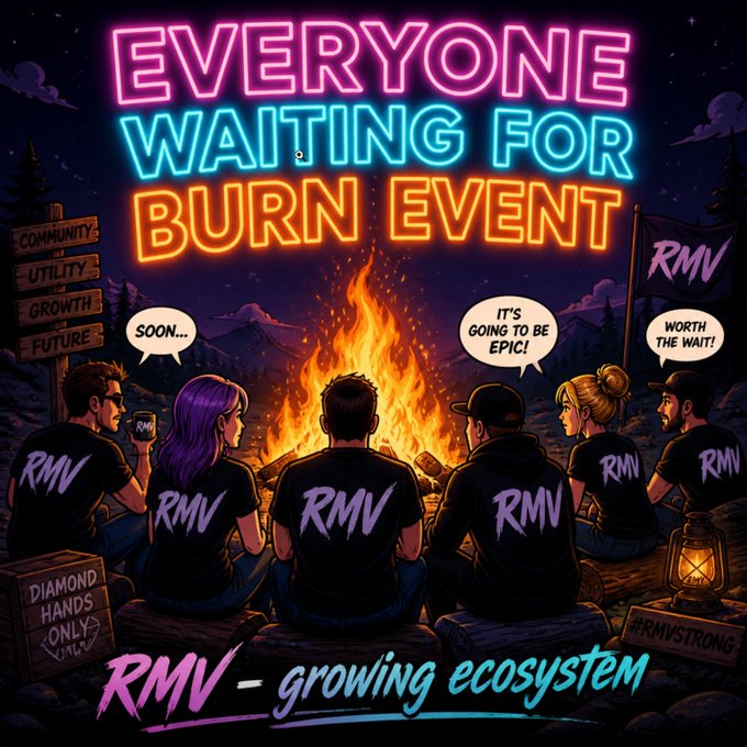 A neon-lit promotional graphic titled 'EVERYONE WAITING FOR BURN EVENT' for RMV, showing a group of people in 'RMV' shirts around a campfire with speech bubbles saying 'SOON...', 'IT'S GOING TO BE EPIC!', and 'WORTH THE WAIT!'.