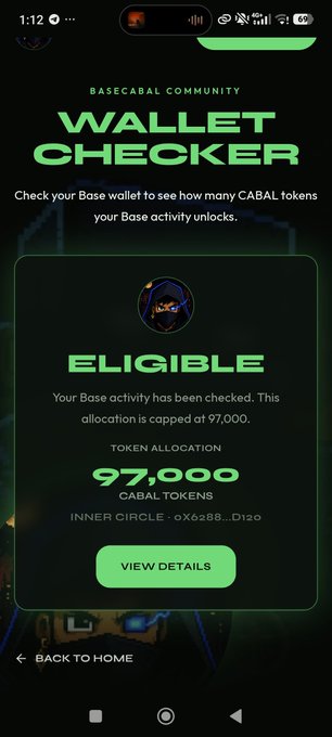 A mobile screen for the 'BASECABAL COMMUNITY WALLET CHECKER' showing an 'ELIGIBLE' status with a token allocation of 97,000 CABAL TOKENS.