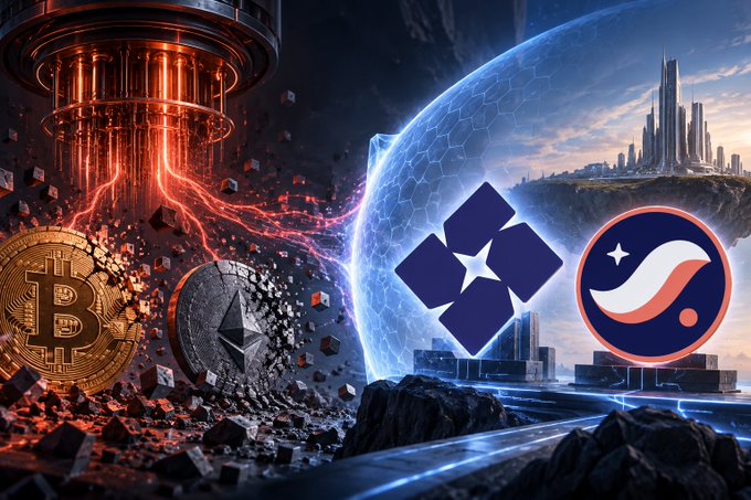 A digital collage splits a futuristic scene in half: the left side is fiery and chaotic with Bitcoin and Ethereum coins beneath a glowing structure, while the right side is cool and orderly showing a floating city, the OKX logo, and the Starry logo.