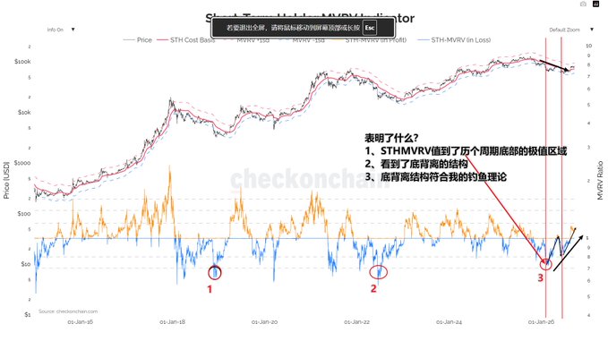 A financial chart showing STH-MVRV for STH Cost Basis, Realized Value, and MVRV Ratio with Chinese annotations explaining that it has reached the extreme undervalued zone historically.