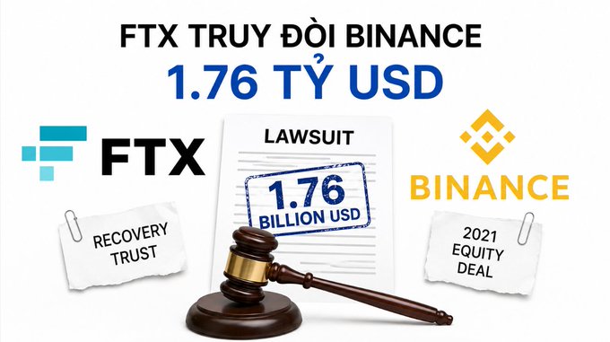 A Vietnamese-language graphic about FTX suing Binance for 1.76 TỶ USD (1.76 billion USD), featuring FTX and Binance logos, a gavel, and notes about 'Recovery Trust' and '2021 Equity Deal'.