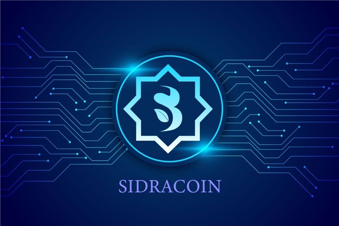 The image displays the "SIDRACOIN" logo with a stylized blue star and leaf design set against a glowing circuit board background, visually reinforcing the post's focus on blockchain and crypto updates for the Sidra community.