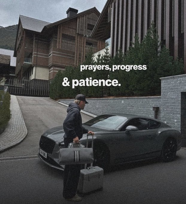 A man with luggage standing next to a gray sports car outside a modern building, overlaid with the text 'prayers, progress & patience.'