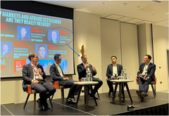 Four men in business attire sit in armchairs on a panel stage during a financial discussion, with a screen behind them displaying the headline "MAJOR U.S. AND JAPANESE BANKS ARE THEY REALLY USING XRP?" featuring headshots of executives and XRP branding. The image visually reinforces the post's theme of institutional adoption and legitimacy of XRP following Ripple's federal court battle.