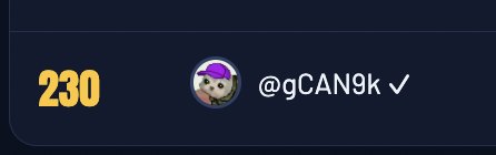 A dark-themed leaderboard or ranking display showing the number '230' in gold next to a profile picture and the username '@gCAN9k' with a verification checkmark.