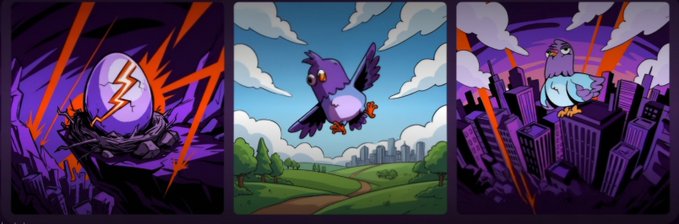 The image shows three panels: a cracked purple egg with lightning bolts, a cartoon pigeon flying over a green field, and the same pigeon wearing a suit standing atop a purple cityscape—symbolizing the "hatching" and rise of Wingston, Rally's AI agent on Telegram that evaluates campaign ideas before submission.