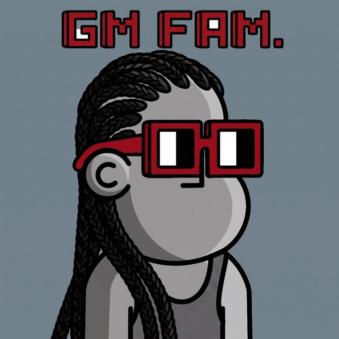 A cartoon character with braided hair and pixelated red sunglasses appears below the text "GM FAM." The image visually reinforces the "GM @npconchain fam" greeting from the post, presenting a friendly morning welcome message.