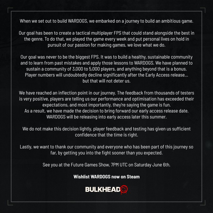 The image shows a black background with white text that reads "When we set out to build WARDogs, we embraced an adventurous journey to create a tactical multiplayer game that would stand alongside the best in the market. Our goal was to create a game that will appeal to players of all ages and backgrounds." The post also mentions that there is an update on WARDOGS development.