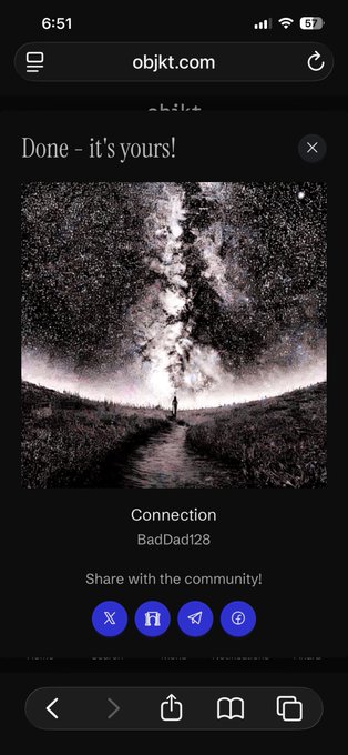 A mobile phone screenshot showing an obikt.com webpage with the text 'Done - it's yours!' above an image of a figure standing on a path beneath a starry sky, titled 'Connection' by BadDadt28.