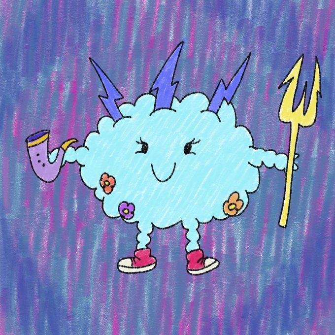 A cheerful cartoon storm cloud character with blue lightning bolts, holding a small pipe and a golden trident, stands against a vibrant streaky blue and pink background, whimsically greeting viewers with a "Good Morning Fam" vibe through its sunny smile and rain boots.