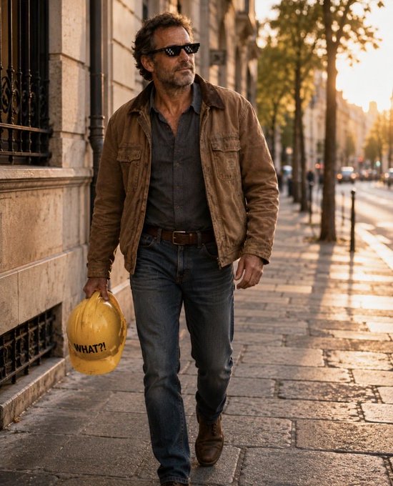 A man in sunglasses, a brown jacket, dark shirt, and jeans walks down a sunlit city sidewalk while carrying a yellow plastic bag labeled 'WHAT?'.