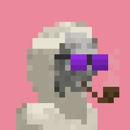 A pixel art image showing a figure wearing a white headdress and purple sunglasses, smoking a cigar, against a pink background.