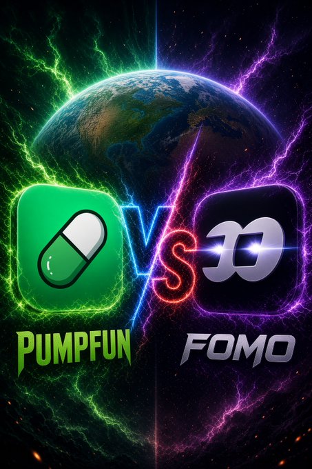 A dramatic space-themed graphic depicts a 'VS' battle between 'PUMPFUN' (with a green pill logo) and 'FOMO' (with an infinity-style logo) set against Earth, with green lightning on the left and purple lightning on the right.