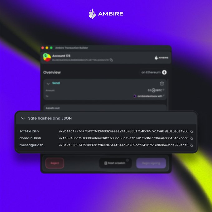 The image shows a screen displaying various information about a new transaction or message. The main focus of the image is an alert that reads "@safe EIP-712 hash preview before signing". This suggests that the user should be cautious when viewing or interacting with this hash, as it may provide important information regarding the transaction or message's security. Another piece of text in the post refers to adding a card for viewing and copying the safe hash. Additionally, there is a link to another image providing more details about this hash preview feature.