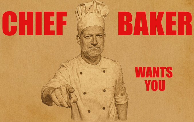 The image features a cartoon chef wearing a chef's hat and apron, pointing at something with his finger. The text above him reads "Chief Baker wants YOU...to vote in the Promotion phase of the Ushuaia protocol proposal for the Ushuaia agreement". The chef is dressed in a white outfit that includes a tie, which adds to the overall visual appeal of the image.
