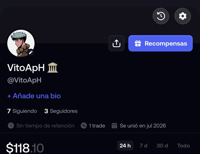 A social media profile for "VitoApH" showing an anime avatar, 7 following, 3 followers, 1 trade, and a balance of $118.10.