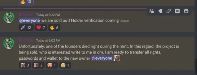 A screenshot of two Discord messages from "BOOMer" announcing a sold-out NFT mint at 8:22 PM, followed by an update at 9:02 PM that one of the founders "died right during the mint," with the project, passwords, and wallet being transferred to a new owner.