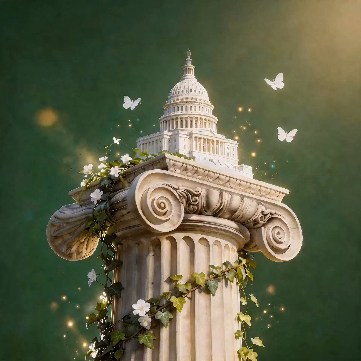 The image features a white column adorned with green ivy, surrounded by butterflies flying around it. The scene also includes a large white building with a dome at its peak, which appears to be a part of a palace or government building. The image is accompanied by a caption that reads "Injective helped pioneer onchain derivatives, perpetuals, and decentralized financial infrastructure". This suggests that the column and the building are connected in some way, possibly as symbols of power or influence within the financial system.