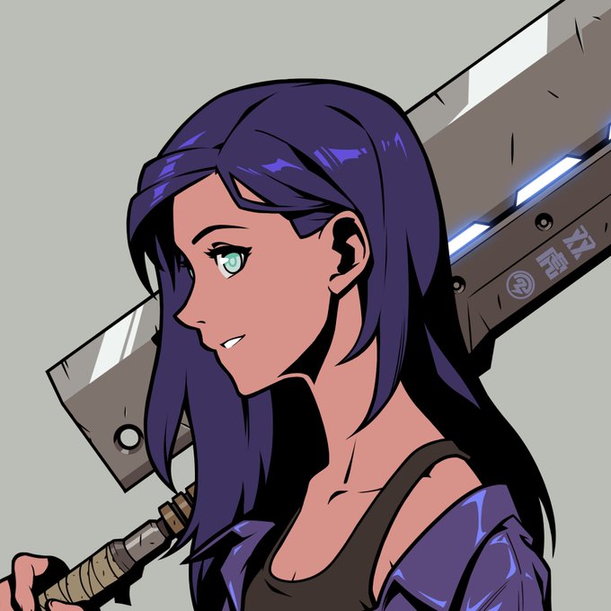 A purple-haired anime-style character with teal eyes wields a large, worn sword over her shoulder, fitting the "Azuki elemental waifu" theme as she appears ready for battle in the post's playful take on buying NFTs during an ETH price drop.