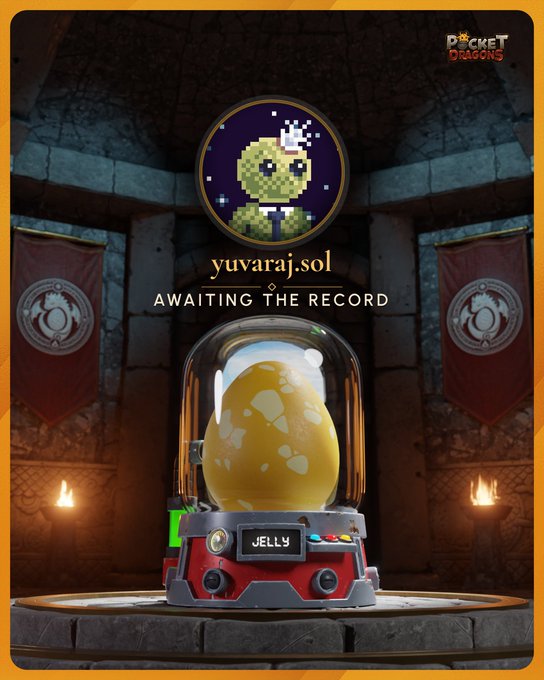 A Pocket Dragons NFT profile for 'yuvaraj.sol' showing an awaiting record status with a yellow egg labeled 'JELLY' inside an incubation machine.