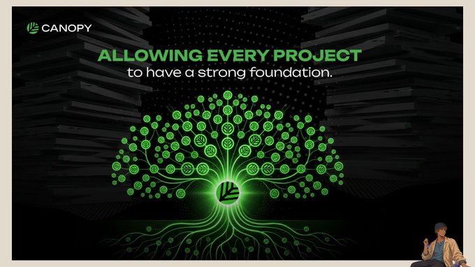 A presentation slide for Canopy displaying a green tree-shaped graphic with the text 'ALLOWING EVERY PROJECT to have a strong foundation,' with a speaker visible in the bottom right corner.