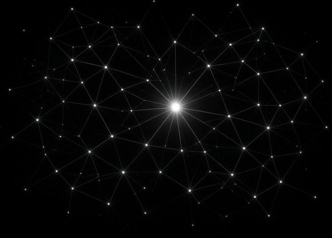 An abstract digital image showing white nodes connected by lines on a black background, forming a network or constellation pattern with a bright central light source.